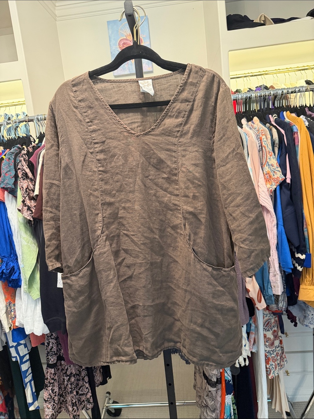 100% linen match point USA brown tunic top with pockets size large